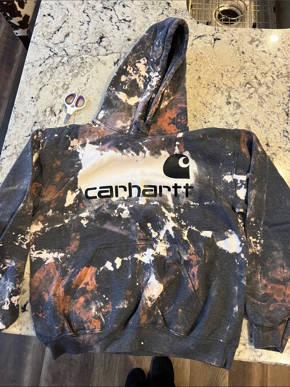 Acid washed Carhartt Hooded Sweatshirt in Black with White and Brown Splatter